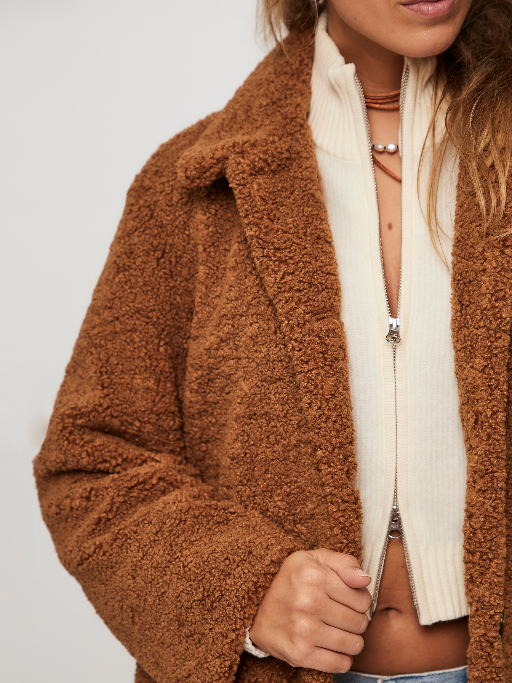 Woven heart faux hot sale fur teddy coat